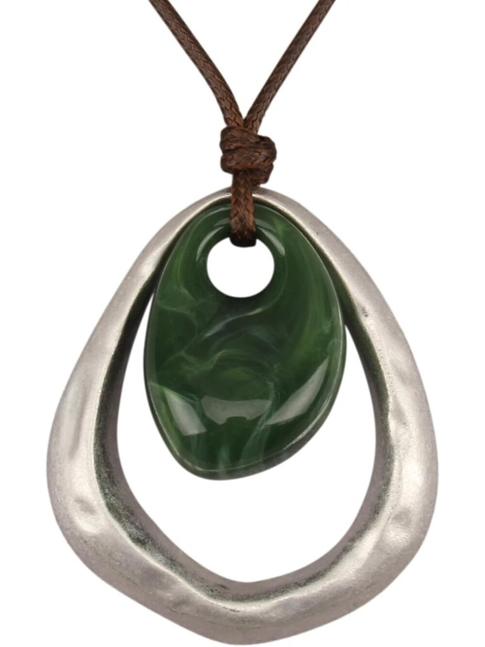 Women's Green Resin Pendant Necklace Boho Matte Silver Loop Long Cord Jewelry